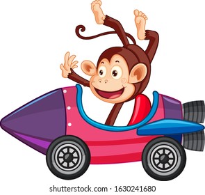 Monkey riding and flipping on toy car illustration