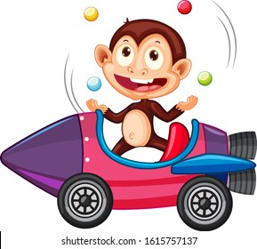 Monkey riding and juggling balls on toy car illustration