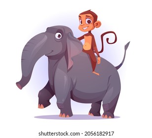 Monkey riding on elephant back, cute cartoon characters, funny ape mascot smiling, game or book personages portrait, mammal wild jungle creatures isolated on white background, Vector illustration