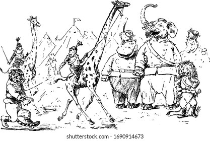 Monkey riding on giraffe holding rope which is tied to legs of the tiger, other animals watching them and mountains in background, vintage line drawing or engraving illustration