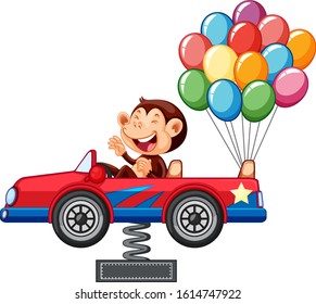 Monkey riding on toy car with colorful balloons illustration