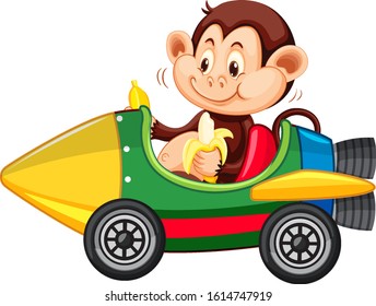 Monkey riding on toy rocket cart eating banana illustration