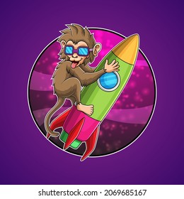 Monkey Riding Rocket Cartoon Vector Illustration
