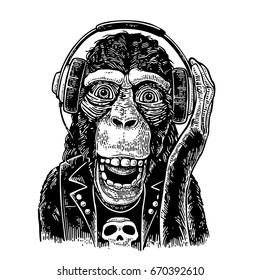 Monkey rocker in headphones and dressed t-shirt with skull. Vintage black engraving illustration for poster. Isolated on white background