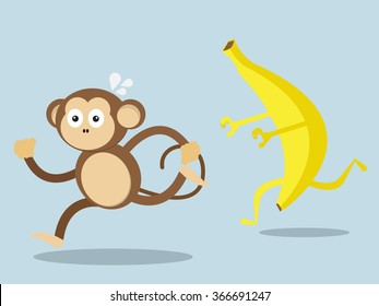 monkey run away from big banana cartoon vector illustration