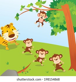 Monkey running away. Vector illustration of little monkeys running away from a tiger.