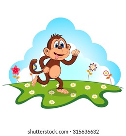 Monkey running Cartoon in a garden for your design