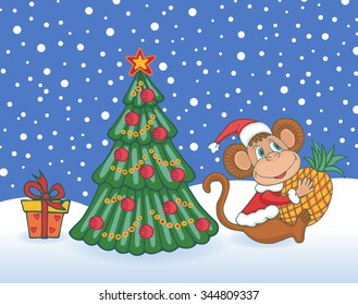 Monkey in Santa Claus hat and snowy background. Symbol of New year 2016. Colorful vector illustration.