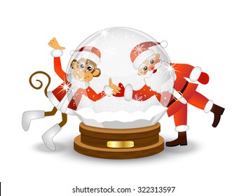 Monkey and Santa Claus looking through a glass festive ball, vector illustration