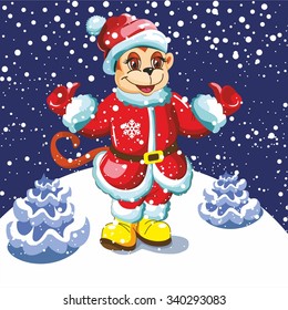 monkey Santa Claus, snow, snowfall, snowflakes, greeting, good Santa Claus