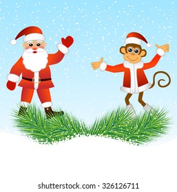 Monkey and Santa Claus standing on the branches of spruce, vector illustration