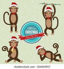 Monkey in Santa Hat. Greeting for New Year and Christmas. Vector