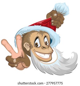 Monkey in Santa hat showing two fingers - gesture victory. Symbol 2016. Illustration in vector format
