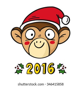 Monkey in Santa's hat, chinese new year 2016 symbol, cute vector character isolated on white with holly