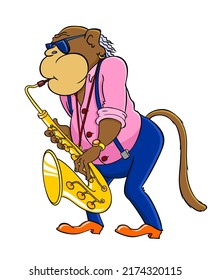 Monkey saxophonist. A parody of an elderly jazz saxophonist. A monkey with glasses and a saxophone. Cartoon elderly monkey performs jazz on the saxophone. Vector color illustration isolated on white.