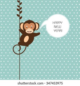monkey saying happy new year, vector illustration or greeting card for new year 2016, year of the monkey.
