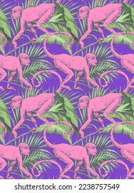 Monkey seamless pattern. Animal wildlife. Vector jungle backgroumd. Interior wallaper.