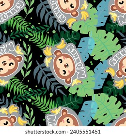 
monkey seamless pattern with black background and leaves