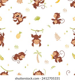 Monkey seamless pattern. Childish monkeys fabric print design. Funny jungle characters, rainforest wild animals. Cartoon nowaday vector background