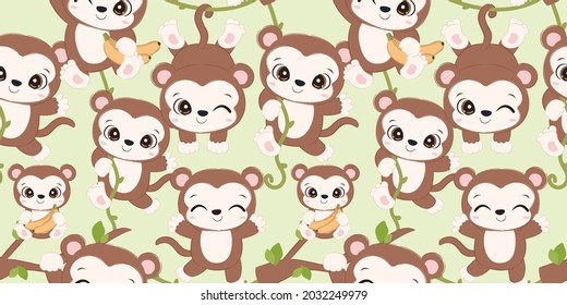 monkey seamless pattern perfect for wallpaper, backgrounds, invitations, packaging design projects. 
Surface pattern design.