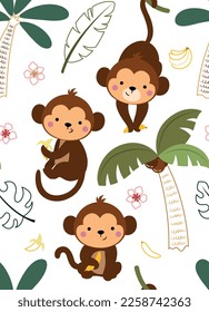 Patrón de monos sin fisuras. Elemento de diseño repetitivo para imprimir en tela. Animal tropical y exótico en la jungla. Flora y fauna africanas. Vida silvestre y mamífero. Dibujo vectorial plano de dibujos animados