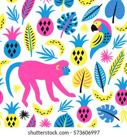 Monkey seamless pattern. Tropical background. Vector illustration.