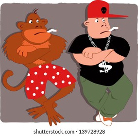 Monkey See, Monkey Do. Smoking Poser Guy And Smoking Monkey In Red Shorts, Vector Illustration On Peer Pressure