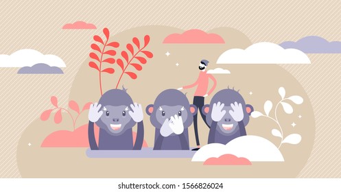 Monkey see, monkey do or Three wise monkeys concept, flat tiny person vector illustration. Japanese proverbial principle. See no evil, hear no evil, speak no evil. Emotion expression with cute apes.