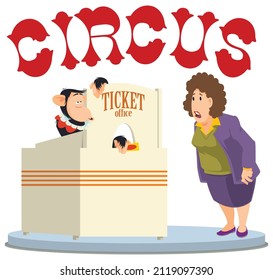 Monkey sells tickets at circus ticket office. Surprised woman. Illustration concept for website and mobile website development. 