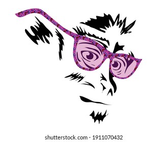 Monkey serious face with pink sunglasses black and white fashion logo vector design