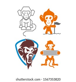 Monkey Shield Banner Line Flag Logo Design Template Vector Set