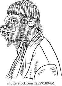 Monkey shows a kiss wearing hat, coat and sun glasses, animal fashion portrait, hand drawn sketch vector illustration