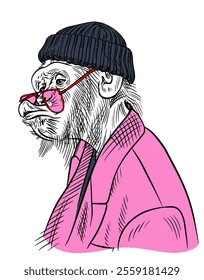 Monkey shows a kiss wearing hat, coat and sun glasses, animal fashion portrait, hand drawn sketch vector illustration