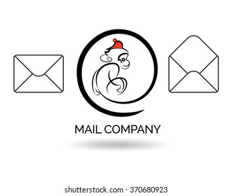A monkey in a sign mail. East year of the monkey. Happy new year of the monkey. The stylized image of an abstract-mail. Cute monkey logo in a shape of a circle, New Year 2016, vector logo design