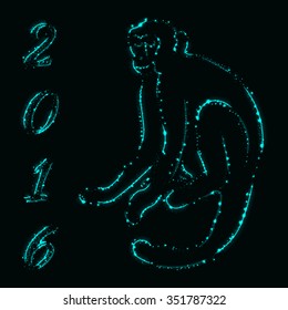 Monkey silhouette and 2016 of aqua lights on dark background