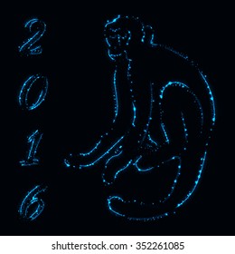 Monkey silhouette and 2016 of azure lights on dark background