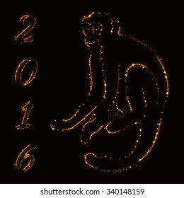 Monkey silhouette and 2016 of lights on dark background