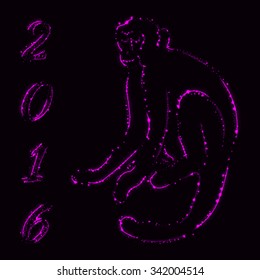 Monkey silhouette and 2016 of purple lights on dark background