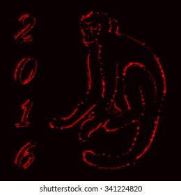 Monkey silhouette and 2016 of red lights on dark background