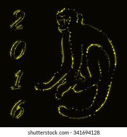 Monkey silhouette and 2016 of yellow lights on dark background