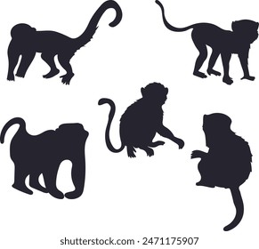 Affe Silhouette 5 Stück Vektorillustration. Gut für Banner, Poster, Grußkarte, Partykarte, Einladung, Vorlage, Werbung, Kampagne und Social Media.