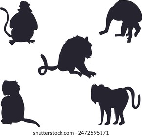 monkey silhouette 5 pcs vector illustration. Good for banner, poster, greeting card, party card, invitation, template, advertising, campaign, and social media.