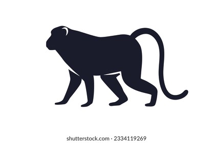 Monkey silhouette, black shape. Ape shadow profile. Primate walking. African jungle animal, chinese zodiac symbol, side view. Flat graphic vector illustration isolated on white background