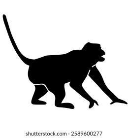 Monkey silhouette, black shape. Ape shadow profile. Primate walking. African jungle animal, chinese zodiac symbol, side view. Flat vector hand drawn illustration.