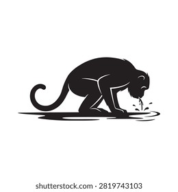 Monkey Silhouette Drinking From Water Black And White Graphic