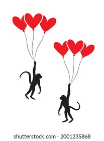 Monkey silhouette holding red balloons isolated on white background, vector. Monkey cartoon illustration. Wall decals, wall art, artwork