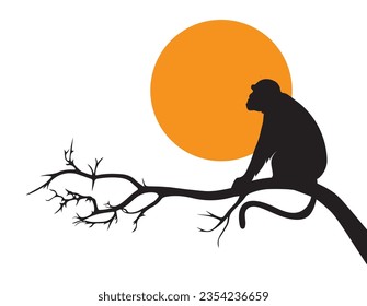 Monkey silhouette on branch on sunset, vector illustration isolated on white background. Minimalist art design