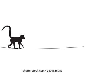 Monkey silhouette on wire, vector. Monkey black and white illustration isolated on white background. Scandinavian minimalist poster design. Wall decals, wall artwork