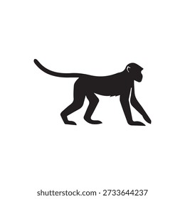 Monkey silhouette, primate animal, walking pose, wildlife, zoo creature, side view, dark outline.