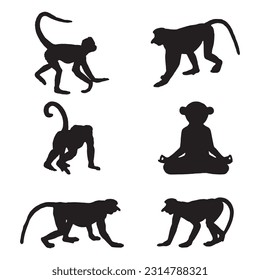monkey silhouette set collection isolated black on white background vector illustration